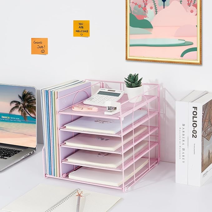 Desk Organizers and Accessories, 5-Tier Paper Letter Tray Organizer with File Holder, Pink Office Decor (Pink)