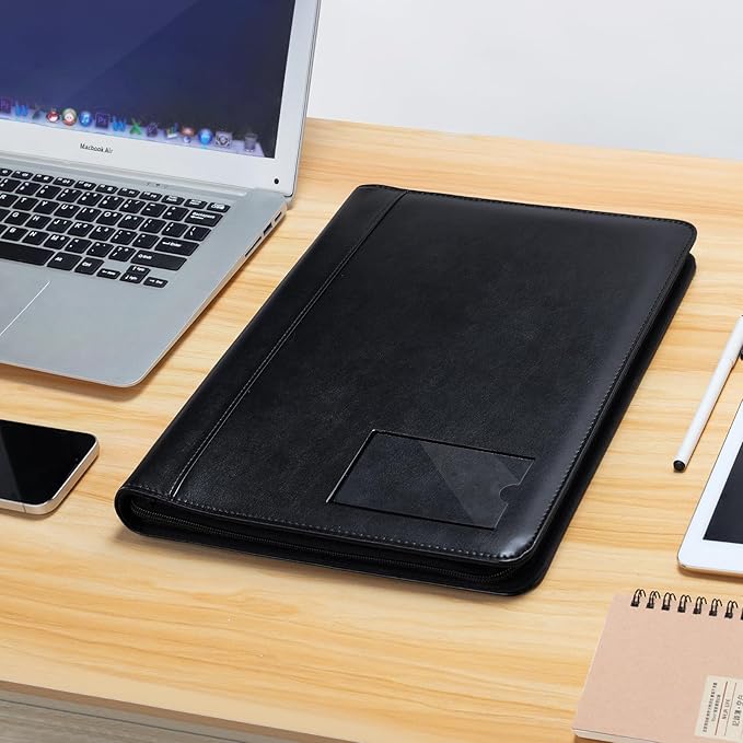 Portfolio Binder - 3 Ring Padfolio with Zipper, PU Business Portfolio Card Holder Tablet Sleeve A4 Writing Pad Clipboard, Meeting Document Organizer for Men Women 2 Pcs (No Calculator)