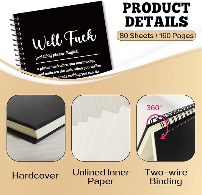 YAZMEEN Sarcastic Saying Blank Spiral Notebook(160 Pages) Well Fxxk Definition Hardcover Sketchbook Sympathy Notebook Gift for Bad Day Funny Gag Gift for Employee Colleague Boss Friend Office Worker