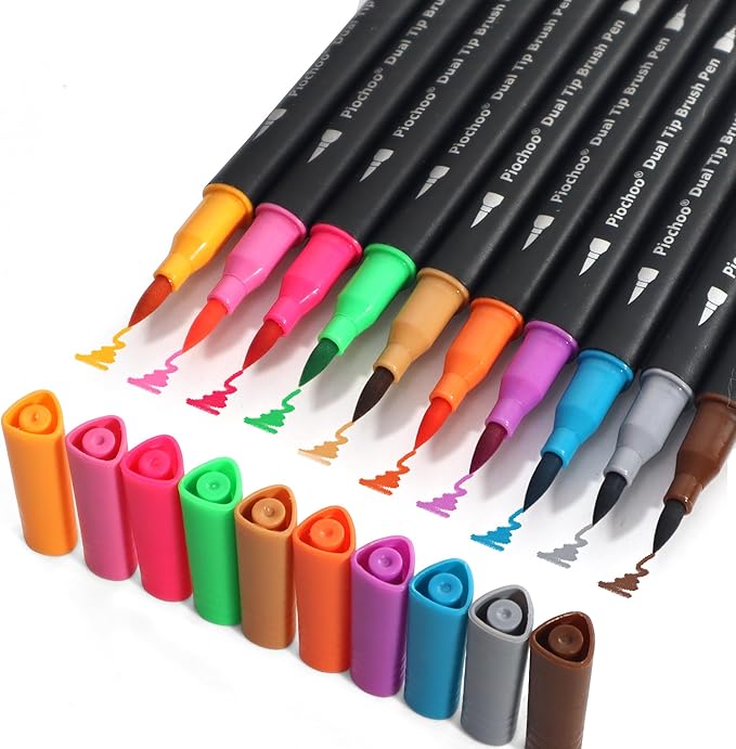 Coloring Markers Pens, 34 Dual Tip Brush Pens, Fine Point Marker set for Kids Adult Coloring Book, Bullet Journaling, Drawing