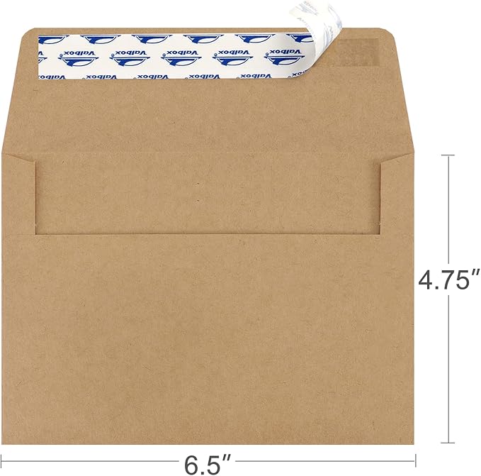 ValBox 100 Qty A6 Envelopes Self Seal 6.5 x 4.75" Brown Kraft Paper Invitation Envelopes for 4x6 Cards, Photos, Invitations, Weddings, Baby Shower, Birthiday, Announcements, RSVP (A6)