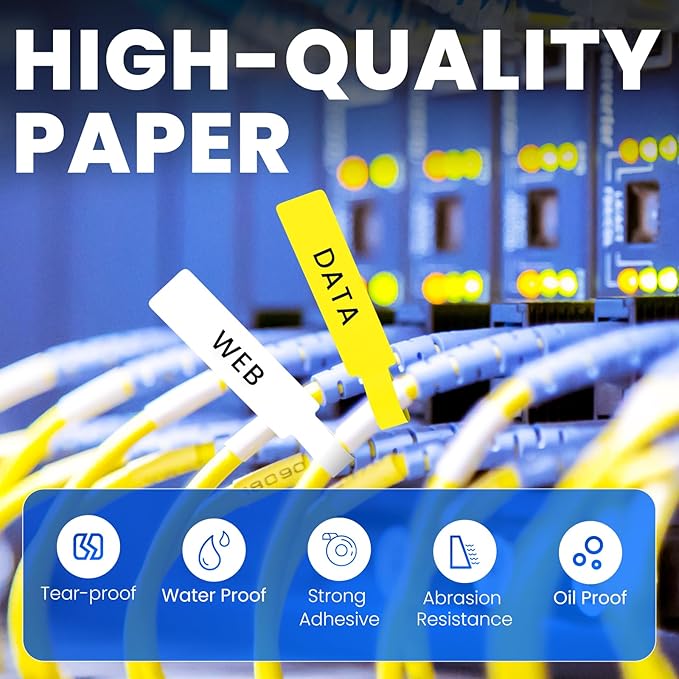 Clabel Printable Cable Labels 6 Rolls of Thermal Self-Adhesive Paper Labels Tape, 25x78mm (1"x3") 100 Sheets Per Roll, Black Print on Yellow Sticker Tags Durable for Cables Management