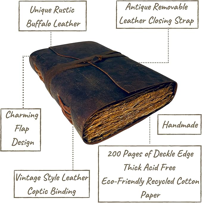 Vintage Leather Journal - 200 Pages Deckle Edge Rustic Paper - Unlined Pages Book of Shadows, Grimoire, Junk Notebook, Fantasy Medieval Gifts, Sketchbook, Antique Scrapbook (12"x9")