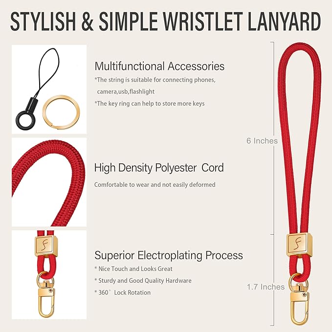 Fishent Keychain Wristlet lanyard, Cute Key Chain Holder, Upgraded Woven Wrist Lanyard for Keys, Wristlet Strap Keychain for Women Men Car Keys ID Badges Card Wallet Phone (Red)