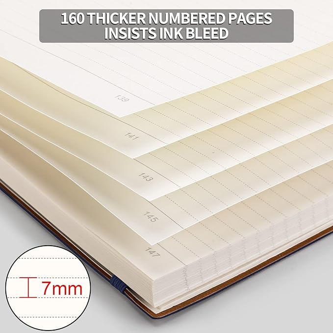AHGXG College Ruled/Lined Notebook - 320 Numbered Pages B5 Large Notebooks for Work, Thick Journals for Men Women, 100gsm Thick Paper, Faux Leather Softcover, Inner Pocket, 7.6'' X 10''-Blue