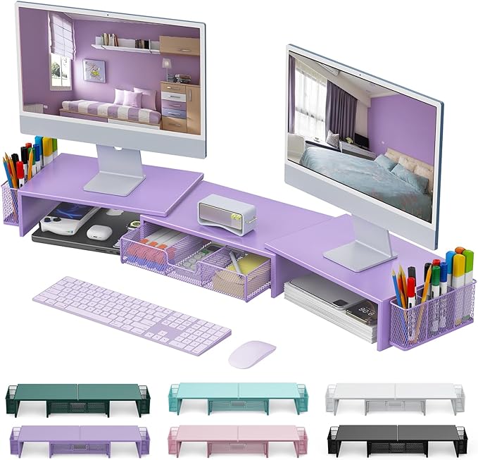 gianotter Dual Monitor Stand Riser, Desk Organizer With Drawer and 2 Pen Holders, Desk Organizers and Accessories, Purple Office Decor (Purple)