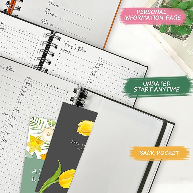 Undated Daily Planner,Undated Planner with Hourly Schedules, Daily Organizer Notebooks for work, Spiral Appointment Planner for Men and Wome, To Do List Notebook for Time Management, Elastic Closure, Pocket (Olive Green)
