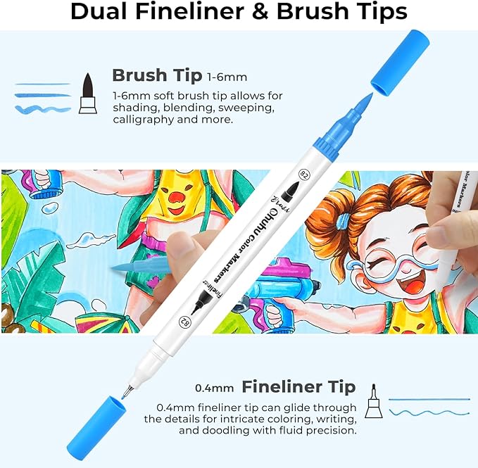 Ohuhu Markers for Adult Coloring Books No Bleeding 100 Colors Coloring Markers Water-based Dual Tips Fineliner & Brush Drawing Pens Art Markers for Kids Adults Sketch Journal - Maui - White