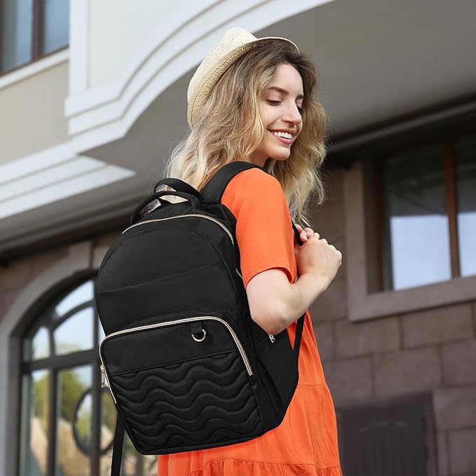 Travel Laptop Backpack for women, Work Backpack Woman with USB Charging Port, Water Resistant College Backpack, Stylish Quilted Girls Backpack Casual Daypack for 15.6 Inch Laptop, Black