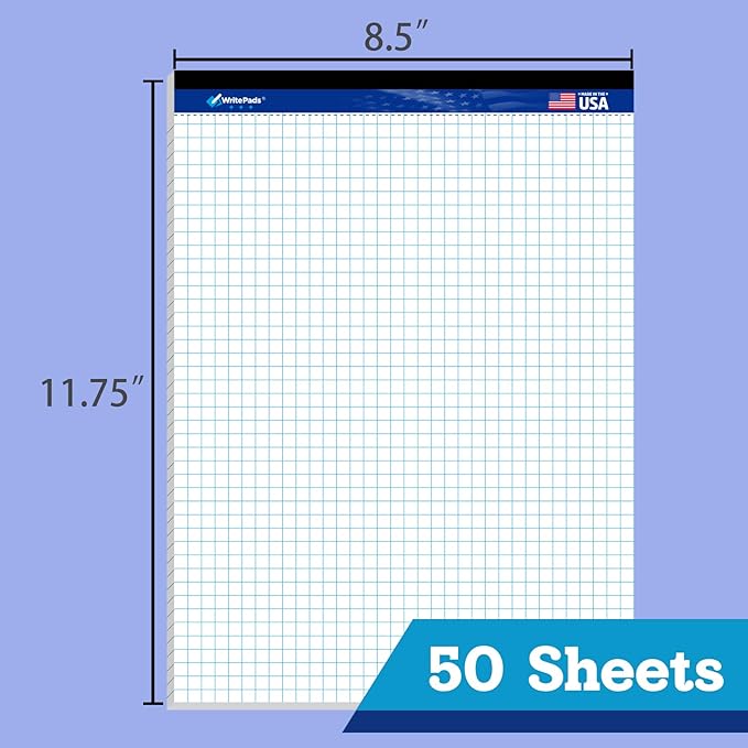 KAISA Legal Pad Quad Ruled Note Pads, Graph Ruled 8.5x11 inch Legal Pad, Quad (4x4) Paper Writing Pads, White 12 pads, BL-MWT50Q-12, Made In The USA.