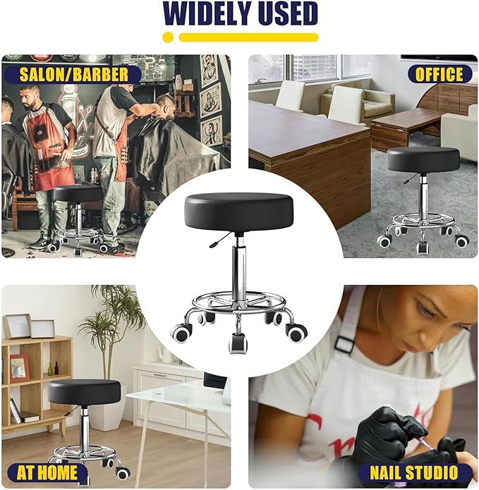 Rolling Stool, Heavy Weight Capacity 250lb, PU Leather Rolling stools, Ultra Soft Padded Seat, Rolling Stools with Wheels and Footrest, 360° Swivel, Spa Drawing Salon Work Office Tattoo Stool (black)
