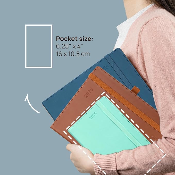 POPRUN Pocket Monthly Planner 2025-2026 (Pocket- 4''x 6.25''Soft Leather Cover) - 18 Month Calendar Book for Purse (January 2025-June 2026), 100 GSM Thick Paper - Brown