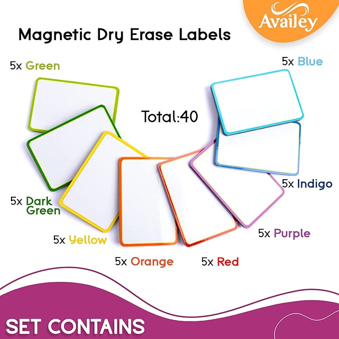 Availey 40 Pieces (3 x 2") - Colored Border Magnetic Dry Erase Labels - Reusable Strips for Classroom Home Office Garage - Refrigerator Blank Writable Erasable Cards - Name Tags Students Locker Shelf