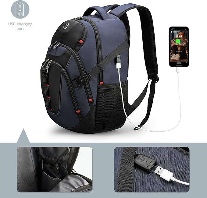 Swissdigital Design Large Business Laptop Backpack with Smart USB Charging Port, Travel Backpack Fits 15.6 inches laptops, Water Repellent College Backpack for Men Women (VECTOR SD803-12 Blue/Black)