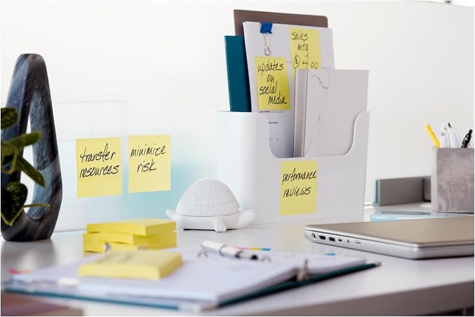 Post-it 100% Recycled Paper Super Sticky Notes, Canary Yellow, 3 in. x 3 in., 12 Sticky Note Pads, 70 Sheets per Pad, School Supplies and Office Products