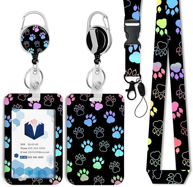 Dog paw Badge Holder with Retractable Reel and Breakaway Lanyard,Badge Clips Retractable Heavy Duty Badge Reel,Keychain,ID Holder with Breakaway Lanyard for School Nurse Office Teen