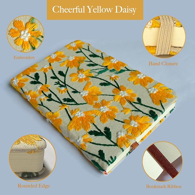 Daisy Gifts for Women, Flower Embroidered Journal, Pocket Sketchbook, A6, Small Unlined Notebook 4x6, Hardcover, Lay Flat, Elastic Band, Cute Notebooks, Pretty Journal, Yellow Daisy