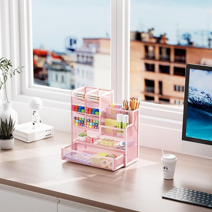 Marbrasse Mesh Pen Holder for Desk, Desk Organizer with Drawer, Multi-Functional Pencil Organizer, Desk Organizers and Accessories for Office Art Supplies (Pink)