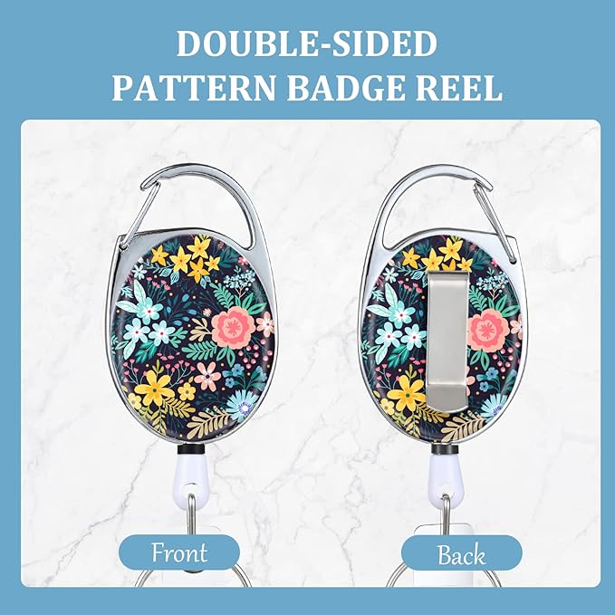 Badge Reels Retractable,Double Sided Color Print Pattern Retractable Badge Holders,with Retractable Keychain, Badge Clip and Key Ring,Durable Nylon Retractable Rope,Flower on Black