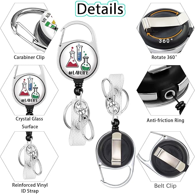 LAB Life Medical Badge Reel Retractable Heavy Duty with 360°Swivel Carabiner Clip, Laboratory Science ID Badge Holder Retractable, Nurse Teacher ID Card Holder Retractable Keychain Name Badge Clip