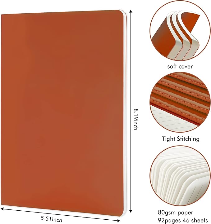 feela 8 Pack Soft Cover Journal Bulk, Notebooks College Ruled for Work, Lined Travel Journal for Women Men, Note Taking Notebook School Supplies Business Writing, 8.2” x 5.5”, A5, Dark Orange