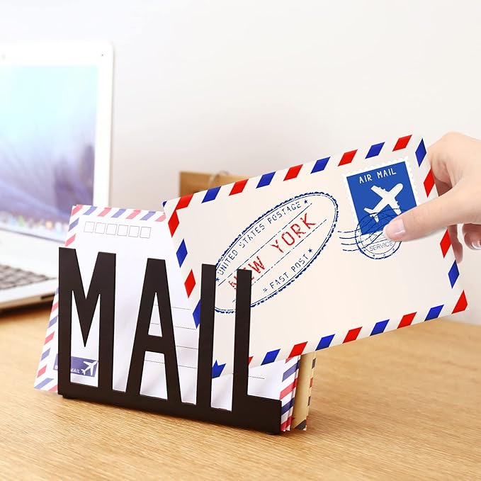 Mail Holder,Mail Organizer Black Metal Letter Sorter Tabletop Mail Cutout Organizer Mail Letter Document Stand with Letter Opener for Desktop Home Office School(2Pcs)
