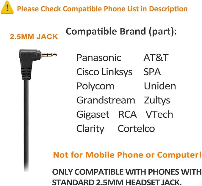 Cosyplus 2.5mm Telephone Headset Monaural with Noise Cancelling Microphone for DECT AT&T ML17929 Vtech Panasonic KX-T7630 Polycom Clarity XLC3.4 Office IP and Cordless Dect Phones(T10)