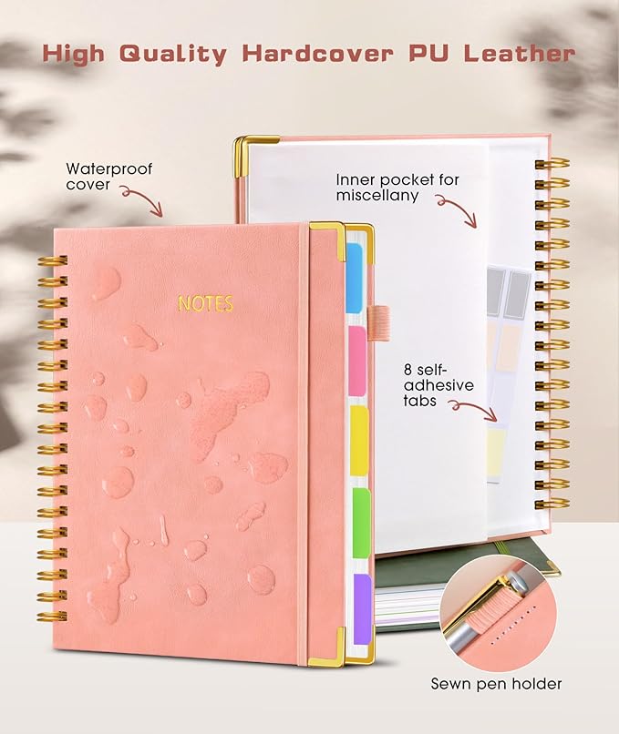 Hardcover Spiral Notebook Journal with Removable Dividers Tabs, 300 Pages Leather 5 Subject Notebook College Ruled, 8"x10" Large B5 Notebooks for Work School Note taking, Lined Journal for Women, Pink