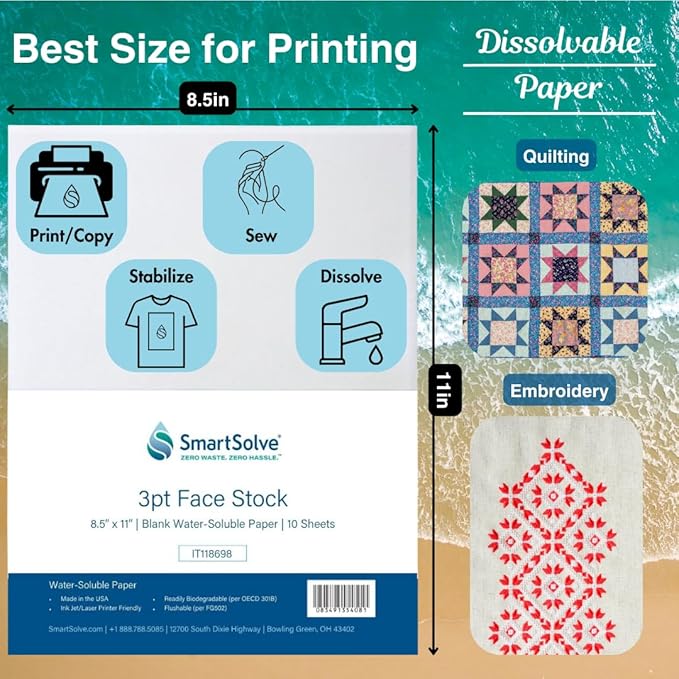 3 pt. Water-Soluble Paper | Dissolves Quickly in Water | Biodegradable | Eco-Friendly | Printer Compatible | Crafts, Drawing, Notes | Letter Size, 8.5” x 11” | Pack of 10 White Sheets