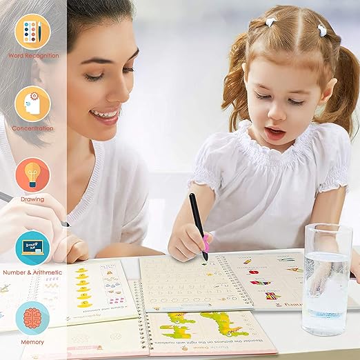 Magic Practice Copybook for Kids, Magic Calligraphy That Can Be Reused,Magical Handwriting Workbooks Practice Copybook for Preschoolers Kindergarten(4Book + Pen Set)