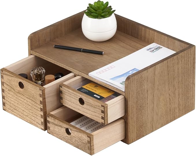KIRIGEN Desk Organizer with 3 Drawers - Wood Drawer Storage Box with Trays for Tabletop - Workspace Office Toiletries Supplies Tool Caddy - Wooden Storage Cabinet1 Layer Dark Brown(DT1D3C-DBR)