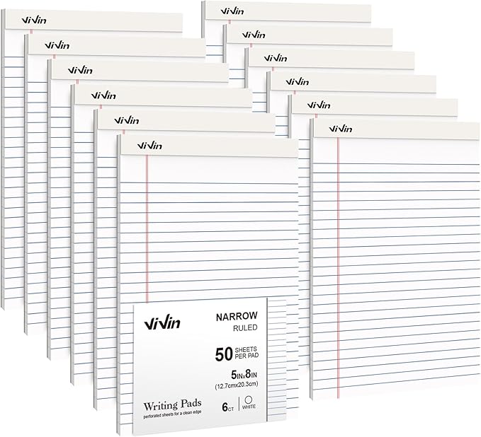 ViVin 5 x 8 Inch Note Pads, 12 Pack, Narrow Ruled, 50 Sheets Per Writing Pad, Perforated, Legal Pads Ideal for Home, Office, Business, 600 Sheets (12 Pack of 50),White Paper
