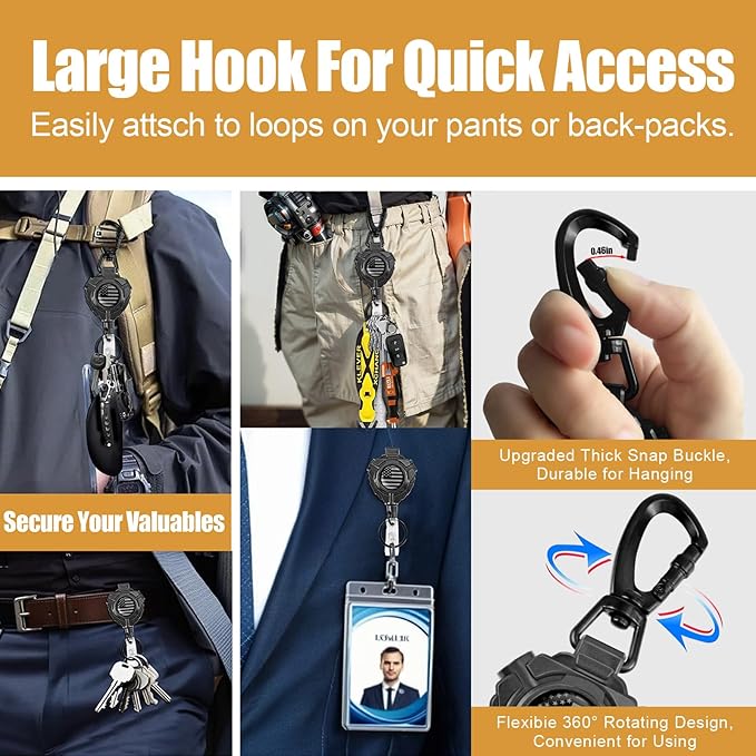 bolimoss 2 Pack Retractable Keychain with Belt Clip, Heavy Duty 360° Swivel Carabiner Key Chains, Impact Resistance ID Badge Reels with 31.5” Wire Rope and Key Ring, Up to 10 oz (US Flag