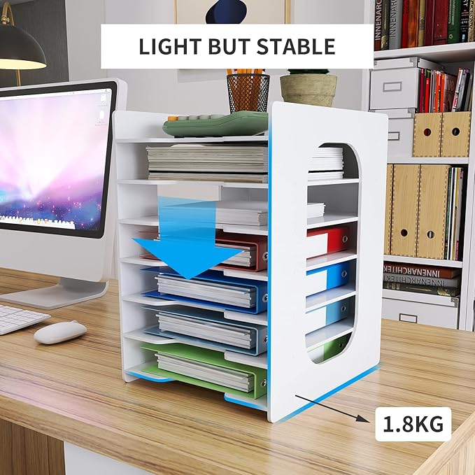 Natwind 7 Tiers Paper Organizer for Desk Desktop White File Holder Office Desk Organizer Mail Letter Tray & Paper Sorter Document Notebooks Storage Rack for Home Office School Classroom
