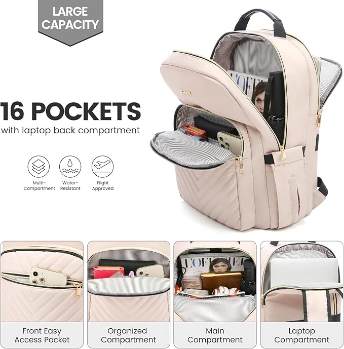 LOVEVOOK Laptop Backpack for Women 15.6 inch,Cute Womens Travel Purse,Professional Computer Bag,Waterproof Work Business College Teacher Bags Carry on with USB Port,Nude