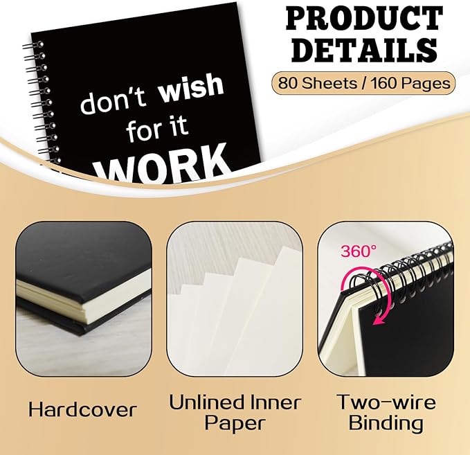 YAZMEEN Inspirational Blank Spiral Notebook(160 Pages) Don't Wish for It Work for It Hardcover Sketchbook Office Encouragement Gift Funny Notebook Gift for Women Men Teen Teacher Coworker Boss Friend
