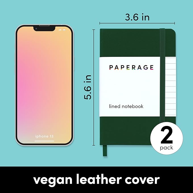 PAPERAGE Lined Pocket Journal Notebook, 2 Pack, (Dark Green), 160 Pages, Small Notebook, 3.6 inches x 5.6 inches - 100 GSM Thick Paper, Hardcover