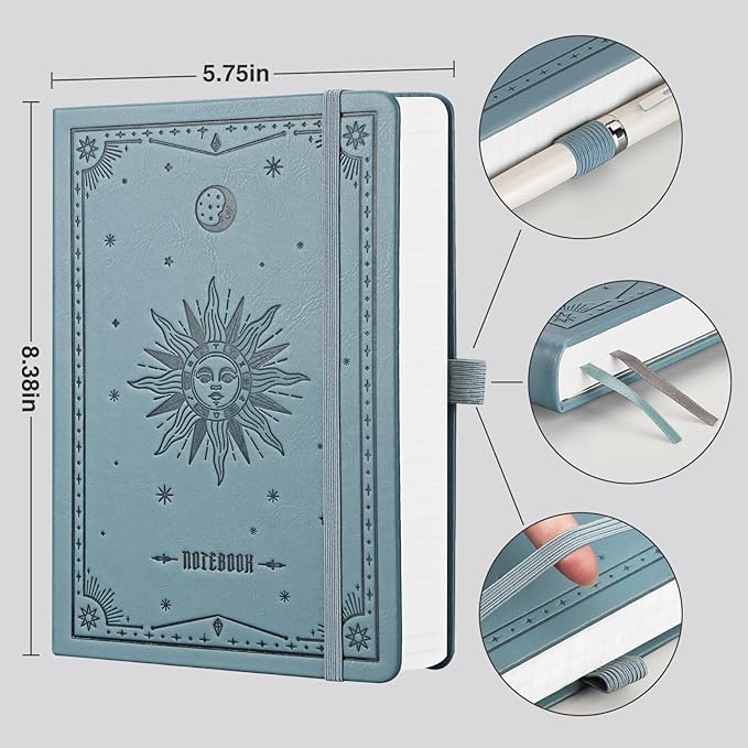 EMSHOI A5 Hardcover Leather Journal - 320 Pages, 100GSM Thick Notebook Lined Journal for Writing Women & Men, College Ruled, Sun Design- GrayBlue (5.75" x 8.38")