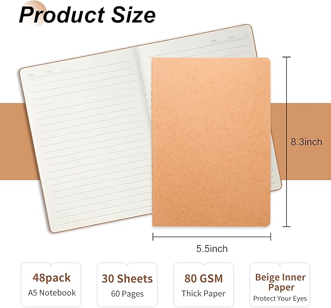 miikoul 48 Pack A5 Kraft Paper Notebook Lined Journal Bulk, 8.3 x 5.5 Inch, 60 Pages/30 Sheets, 80GSM, Travel Notebook Notepad for Adult, Students, Gift, School, Office Supplies