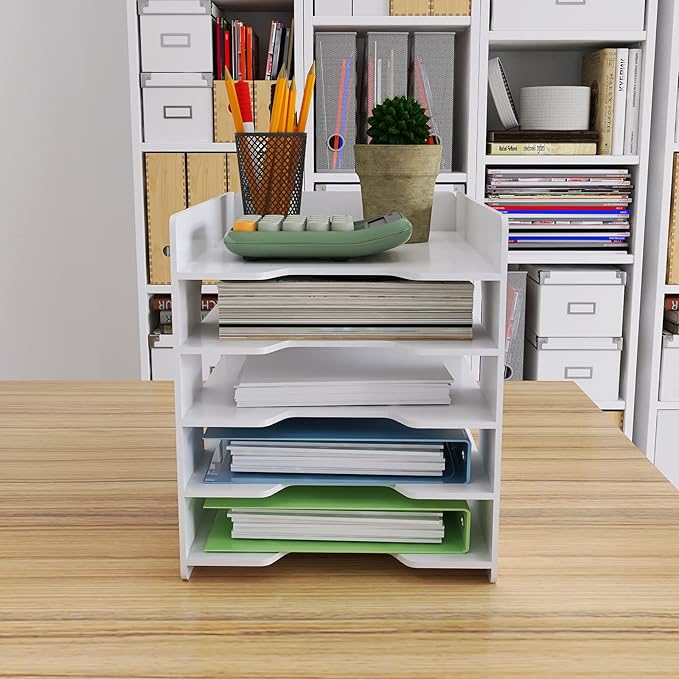 Natwind 5 Tiers Paper Organizer for Desk Desktop White File Holder Office Desk Organizer Mail Letter Tray & Paper Sorter Document Notebooks Storage Rack for Home Office School Classroom