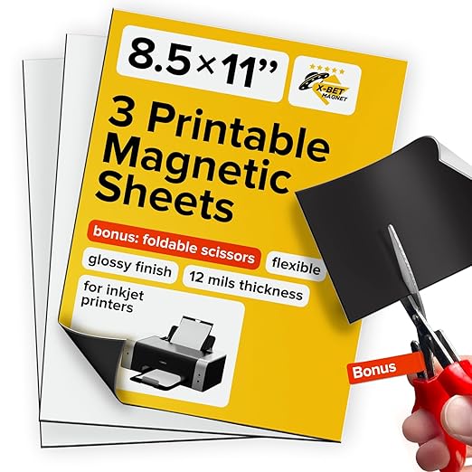 X-bet MAGNET Inkjet-Optimized Printable Magnetic Sheets - 8.5x11 Magnet Paper for DIY Stickers, Decorations, Labels - Easy to Print, Cut & Create Your Own Magnets (Glossy, 3pcs)