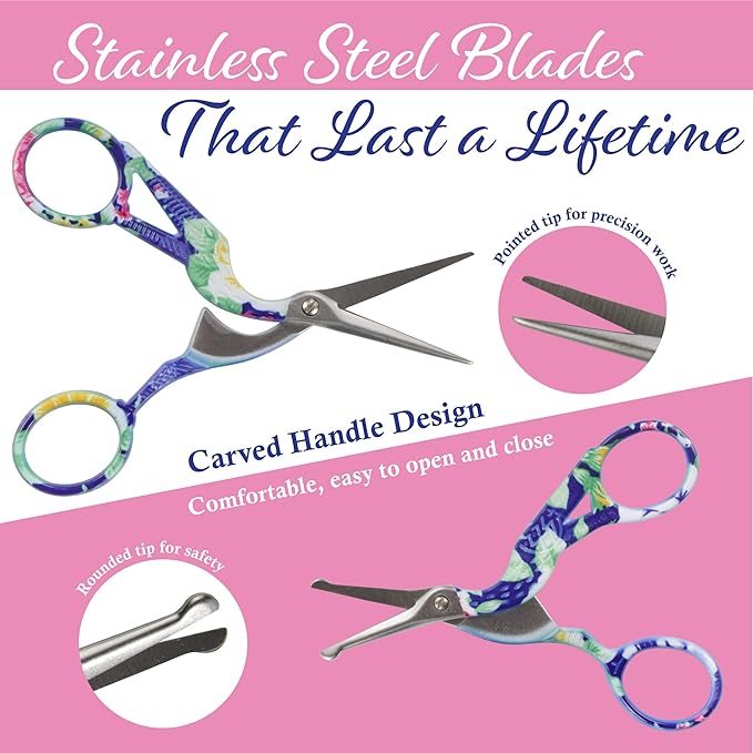Stork Bird Rounded Safety Tip Embroidery Craft Stainless Steel Crane Scissors - Blue - 2 Pairs