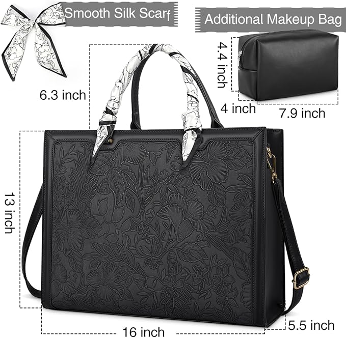 Laptop Bag for Women 15.6 Inch Leather Tote Bag Briefcase for Work Waterproof Lightweight Computer Work Bag Women Business Office Bag Handbag Shoulder Bag Purse 2pcs Set Black