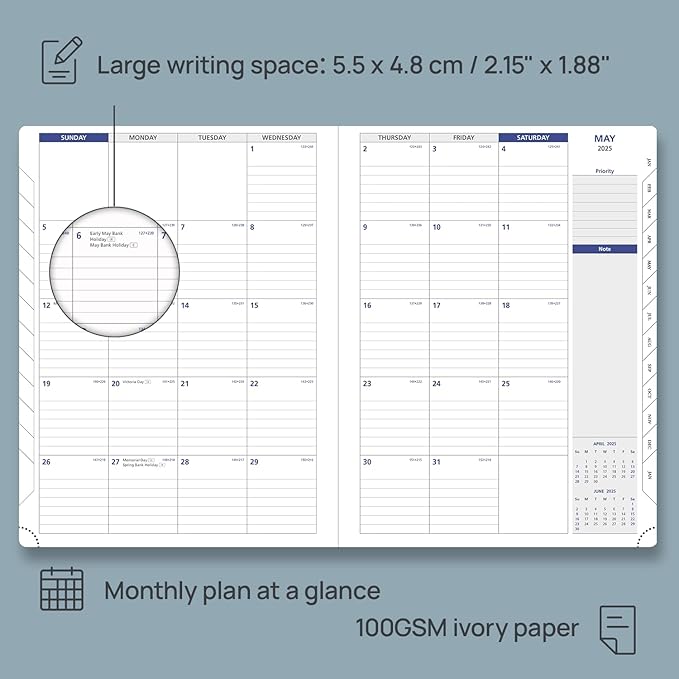 POPRUN 2025 Monthly Calendar 8.5" x 11", Large Writing Space Monthly Planner with PU Leather Soft Cover, Dual Pockets, Monthly Tabs, 100GSM Thick Paper, Sunday Start - Claret