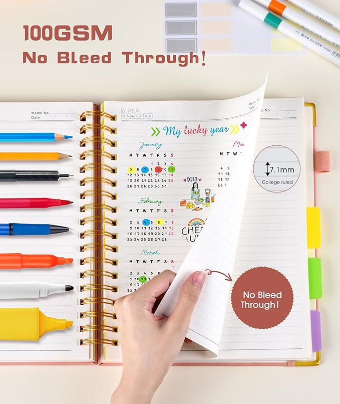 Hardcover Spiral Notebook Journal with Removable Dividers Tabs, 300 Pages Leather 5 Subject Notebook College Ruled, 8"x10" Large B5 Notebooks for Work School Note taking, Lined Journal for Women, Pink