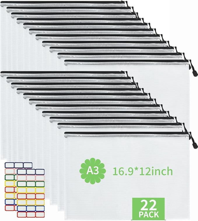 Vuzvuv 22Pcs A3 Size-16.9"x 12" Large Mesh Zipper Pouch with Label Sticker, Plastic Document Mesh Bag for File Board Game School Office Home Travel Storage(43cm30cm)