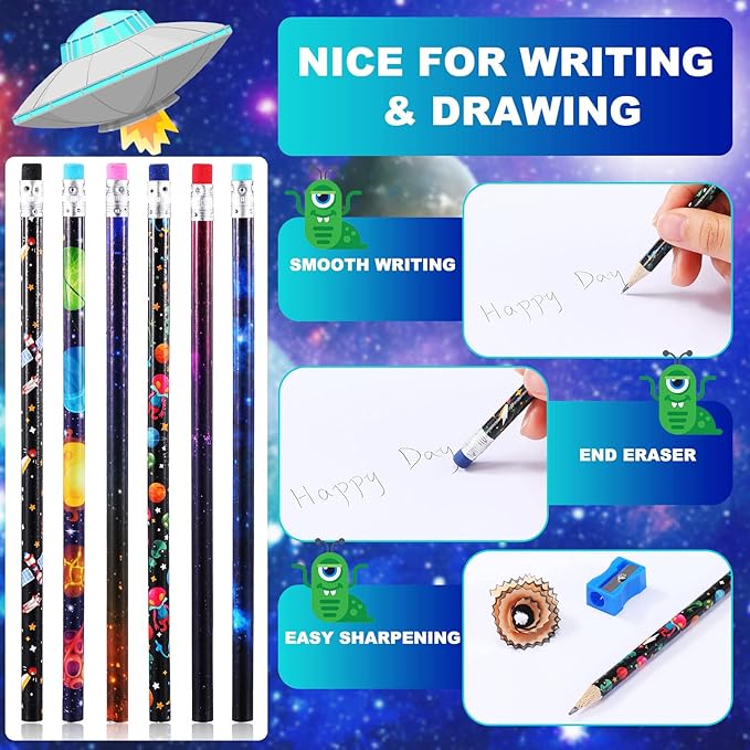 Geyee 36 Pcs Space Pencils Hawaiian Shark Themed Party Favors Assorted Novelty Fun Wood Writing Pencils with Erasers for Birthday Party Teacher Supplies(Space)