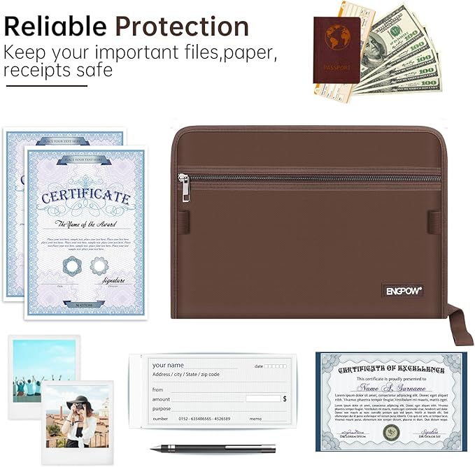 ENGPOW Accordion File Organizer,Fireproof 13 Pockets Expanding File Folder,Document Organizer Folder with Zipper&Labels,Portable Home Travel Safe Storage for Letter A4 Files and More,Brown