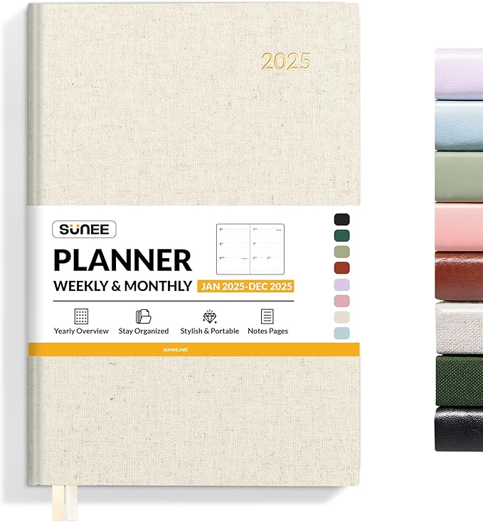 SUNEE 2025 Weekly & Monthly Hardcover Planner 5.5" x 8.3" - 12 Month (January 2025 - December 2025), Small Hardcover Planner, Pocket, Notes, 100 GSM Paper, Beige