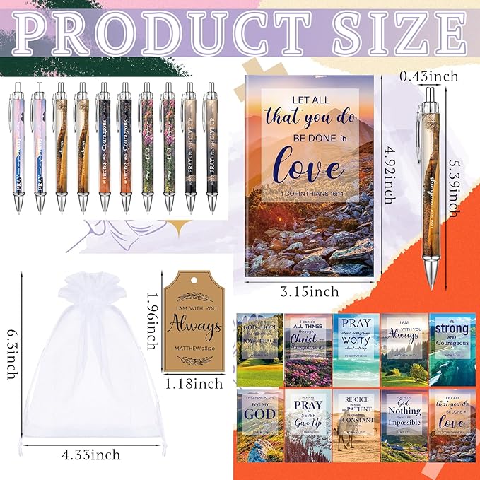 200 Pcs Bible Verse Sets Church Christian Gift Include 50 Scripture Notebooks 50 Bible Bamboo Pens 50 Thanks Tags 50 Organza Bags for Women Man Christian Party Gifts(Bright Color,Scenery)